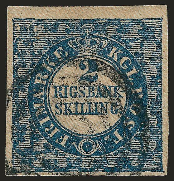 DENMARK, 1851, 2rs Blue (1).> Large margins to full, neat strike of target cancel, fresh and Fine, with 1995 Debo certificate