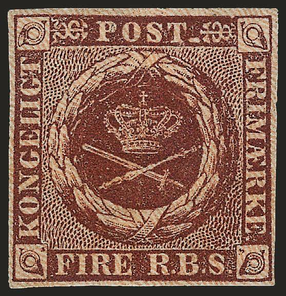 DENMARK, 1854, 2rs Brown, First Printing (2a).> Original gum, full margins, attractive color, fresh and Fine, with 1976 Gronlund certificate