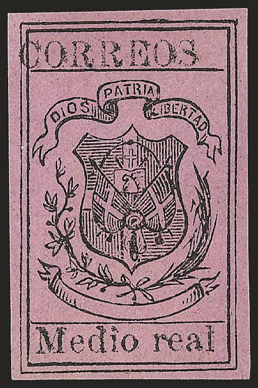 DOMINICAN REPUBLIC, 1870, -12r Black on Magenta (27).> Unused (no gum), full margins, fresh and Very Fine example of this scarce issue