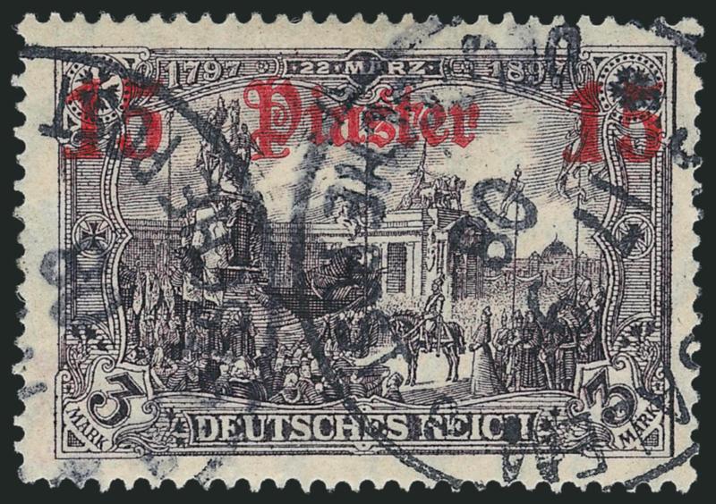 GERMAN OFFICES IN TURKISH EMPIRE, 1906, 15pi on 3m Black Violet (53).> Two neat strikes of <Jerusalem> circular datestamps with clear 17.9 08 date, wide margins, Very Fine and choice, GPSY and Hoffmann
backstamps