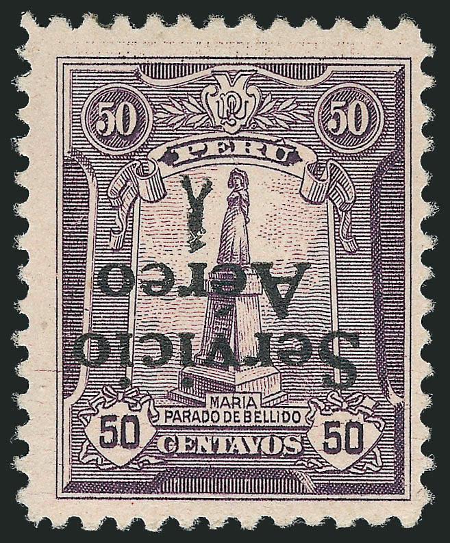 PERU, 1927, 50c Violet, Air Post, Inverted Overprint (C1 var).> Rich color, small h.r., Fine and scarce, only 33 exist, Kessler and Sanabria backstamps, unlisted in Scott