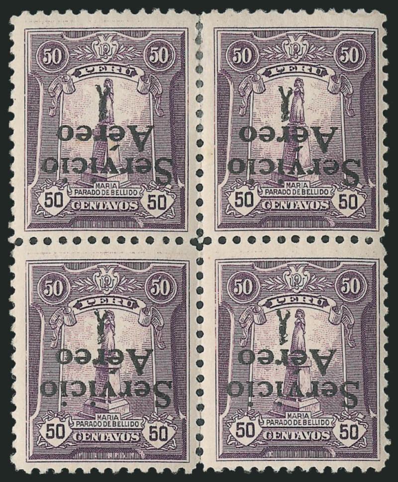 PERU, 1927, 50c Violet, Air Post, Inverted Overprint (C1 var).> Block of four, rich color, Fine-Very Fine, scarce, only 33 exist, each with Sanabria backstamp and signed in pencil, unlisted in Scott