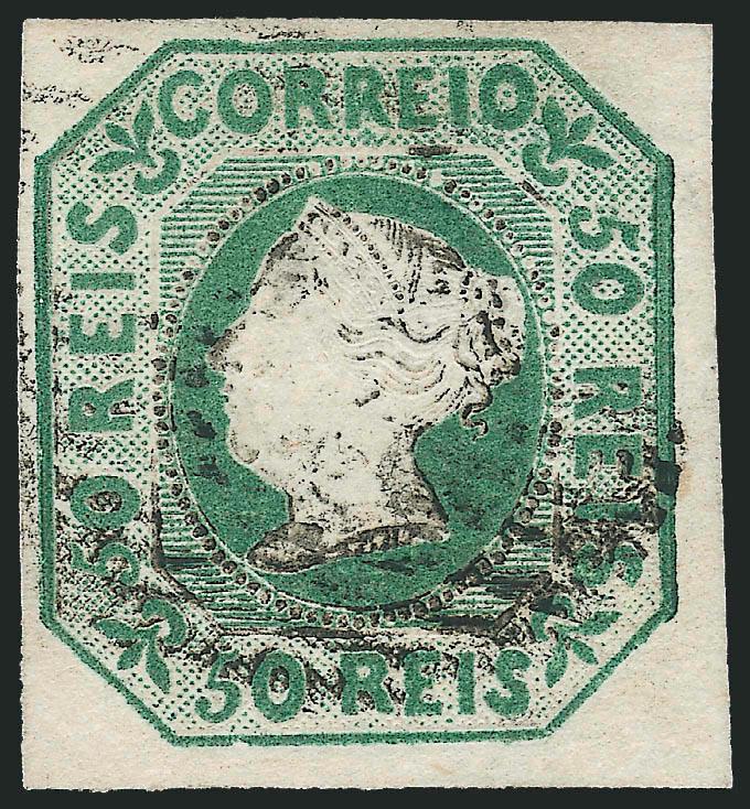 PORTUGAL, 1853, 50r Deep Yellow Green (3).> Large to full margins, neat strike of grid cancel, Very Fine
