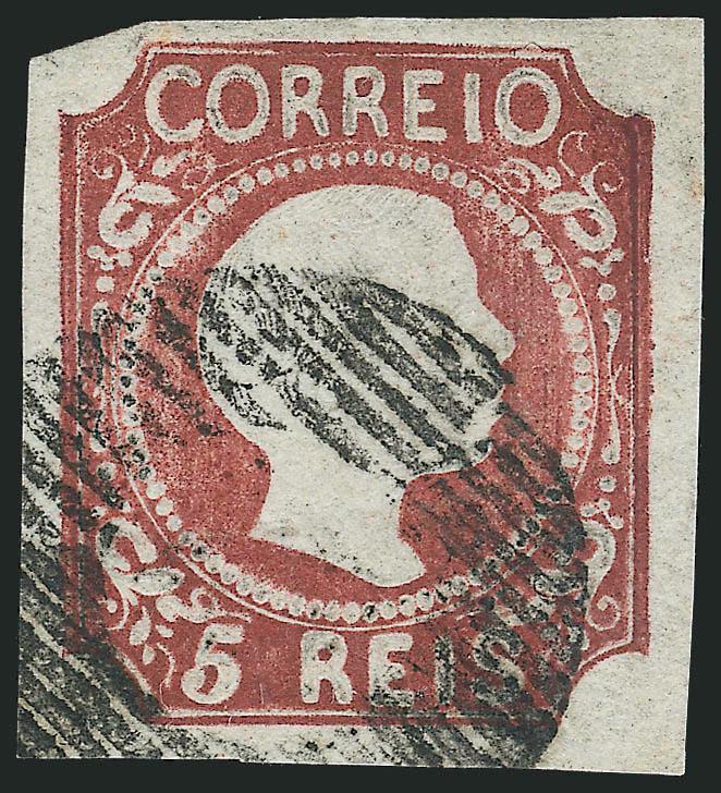 PORTUGAL, 1855, 5r Red Brown (5).> Large margins, deep rich color, neat strike of grid cancel, Very Fine and choice
