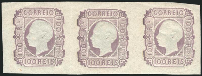 PORTUGAL, 1864, 100r Lilac (16).> Mint N.H. horizontal strip of three, large to huge margins, clear embossing, few light creases, Extremely Fine appearance, a rare and desirable multiple, Scott Retail as three
hinged singles