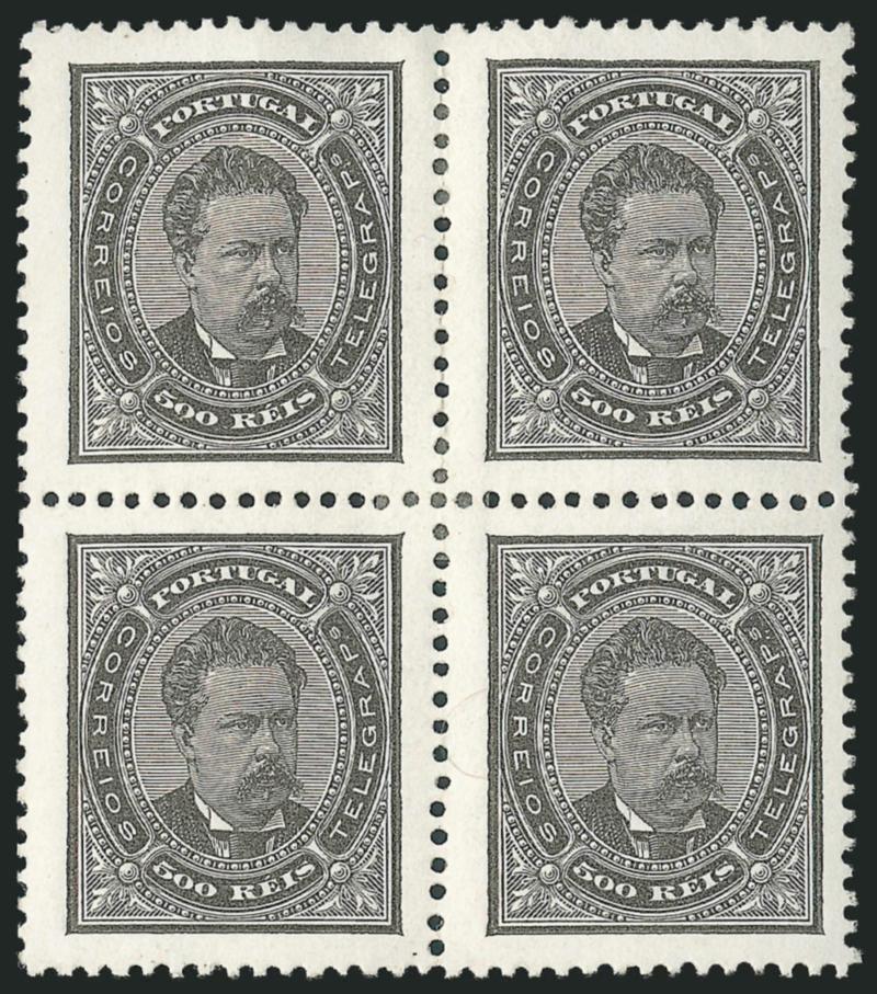 PORTUGAL, 1884, 500r Black (62).> Block of four, original gum, h.r., bright color, crisp impression, Very Fine, Scott Retail as singles