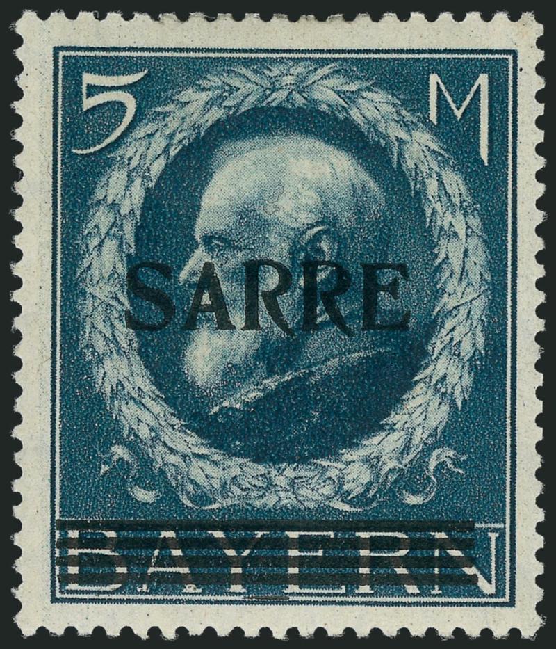 SAAR, 1920 5m Deep Blue (38).> Lightly hinged, rich color, wide and balanced margins, Very Fine, with Burger, Roig and Schafer backstamps