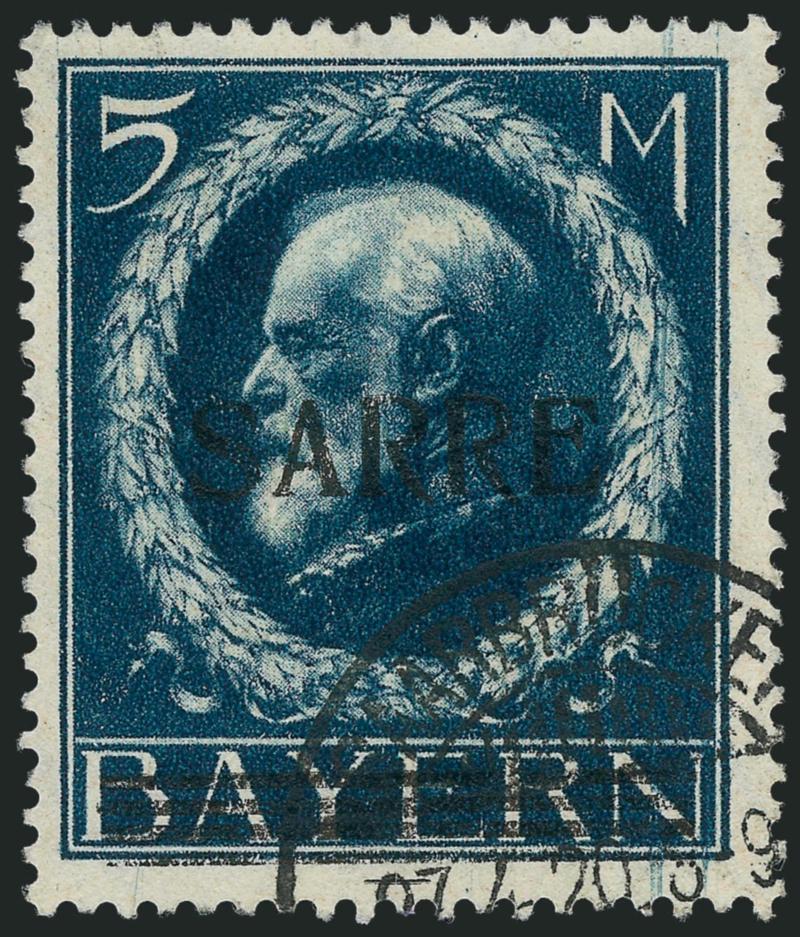 SAAR, 1920 5m Deep Blue (38).> Intense shade, face-free strike of 1920 circular datestamp, Fine