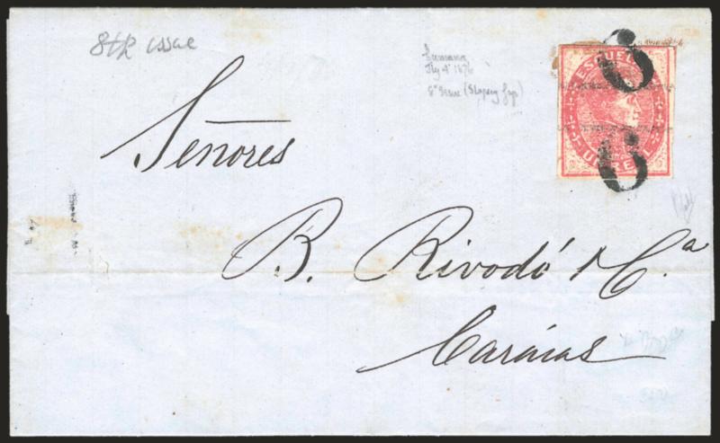 Venezuela, Classic Covers.> Three, incl. No. 1a tied by blue La Guaira double-circle datestamp, No. 20a Bisect tied by dateless black double circle town and No. 27 tied at top and bottom by bold numeral 6, all
to Caracas, trivial aging, Fine-Very F