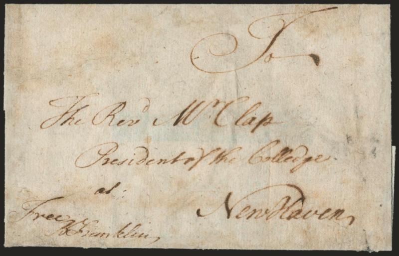 Benjamin Franklin.> Autograph free frank <<Free B. Franklin>> on folded cover addressed in his hand to <<The Revd. Mr. Clap, President of the College, New Haven>>, expertly silked and restored<><>^FINE
APPEARING EXAMPLE OF BENJAMIN FRANKLINS F