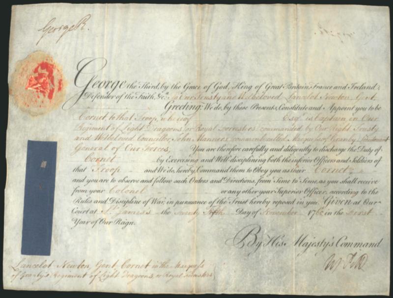 William Pitt, King George III.> Signature <<George R>>> at top left, for Pitt First Earl of Chatham, leader of French and Indian War, namesake of Pittsburgh Pa., signature <<W Pitt>> on vellum appointment
document to the Royal Foresters dated Nov