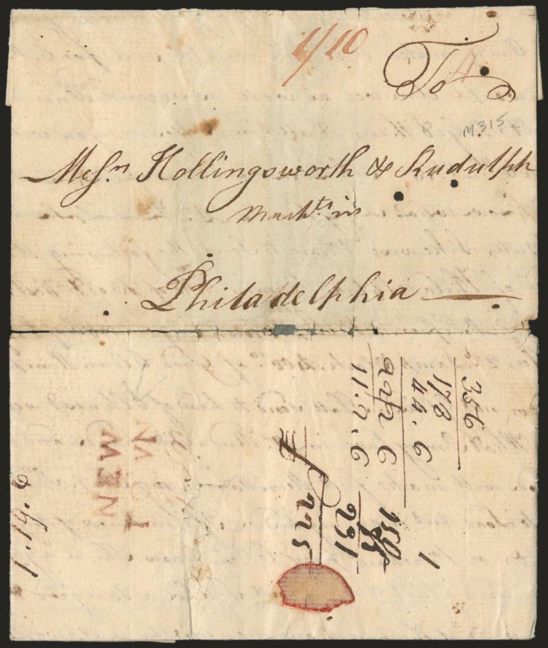 NEWTOWN (Maryland).> Neat strike of red two-line handstamp on 1770 folded letter to Philadelphia, ms. rate, some splitting along folds<><>^FINE AND RARE. THIS IS THE EARLIEST REPORTED USE OF THE NEWTOWN BRITISH
COLONIAL MARKING.^<><>Siskin re