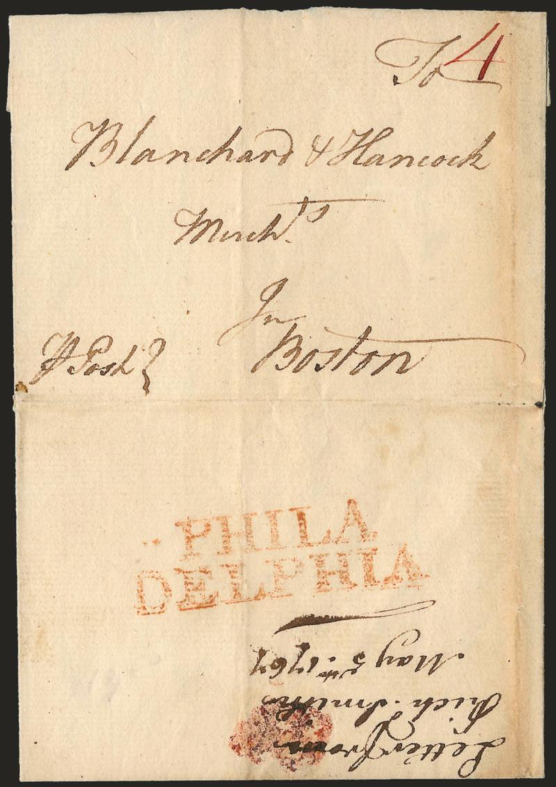 PHILADELPHIA.> Bold strike of two-line handstamp on bottom flap of 1767 folded letter dated May 5 to Boston, red ms. 4 rate, faint vertical file fold, Very Fine strike of this scarce Colonial
handstamp