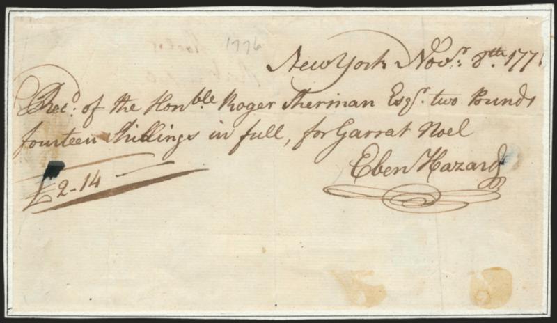 Ebenezer Hazard.> Signature on receipt for payment, datelined <<New York Nov. 8th 177(1)>>, affixed to backing, hole and tape mark at left, still Fine, Hazard established a publishing business in N.Y. in 1770,
he became Postmaster General under the