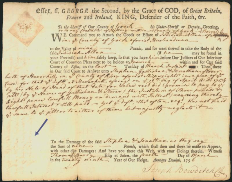 3p Massachusetts (RM3).> Two documents, each with clear strike at bottom left, one dated July 20, 1756, other dated March 29, 1756, some overall wear, Very Fine strikes, also incl. No. RM31a
