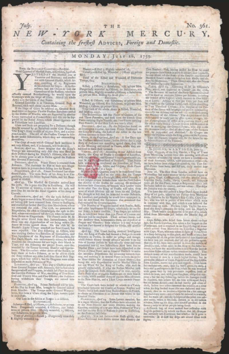 -12p New York (RM9).> Clear strike in red on July 16, 1759 copy of <<The New York Mercury>>, contents incl. war news from Europe and French & Indian War in America, some splitting along fold and typical corner
and edge faults, Very Fine strike of th