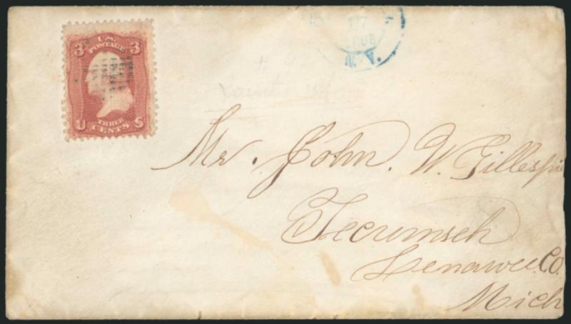 3c Red, F. Grill, Points Up (94 var).> Bright color and clearly-defined grill, cancelled by segmented grid, partial strike of blue N.Y. double-circle datestamp on cover to Tecumseh Mich., barely reduced at
right, light soiling, still Fine, a great ra