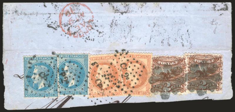 2c Brown (113).> Two, each with matching rosette cancel, on large piece with <France 20c Blue and 40c Orange (33, 35, two each),> tied by dotted diamond cancels, red London circular datestamp (Aug. 1870), right
40c with corner crease, Fine and colorf