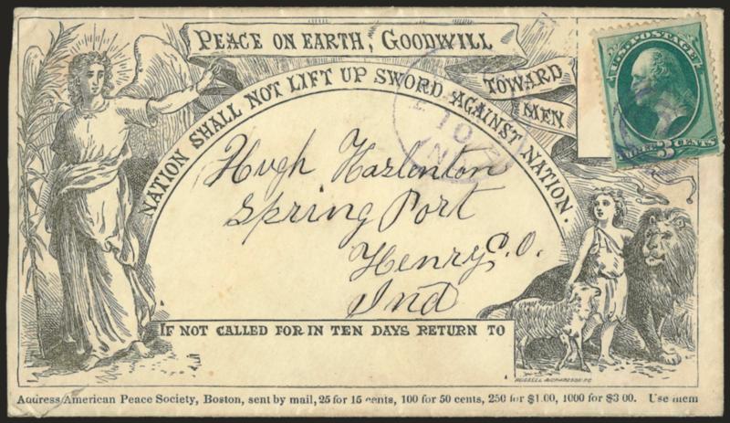3c Green (158).> Tied by purple target, matching Hagerstown Ind. Aug. 10 circular datestamp on <Peace> propaganda cover to Springport Ind., American design with imprint of American Peace Society in Boston,
slightly reduced at left, Fine