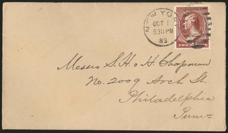 2c Red Brown (210).> Well-centered, rich color, tied by <New York Oct. 1 5:30 PM 83 first day of issue> duplex datestamp and oval numeral grid on fresh cover to Philadelphia, Extremely Fine, a wonderfully
choice 2c 1883 first day cover, with 1974 P