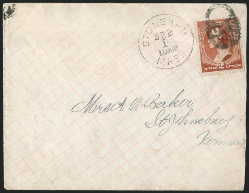 2c Red Brown (210).> Tied by well-struck <negative U.S. Mail in Padlock fancy cancel,> matching Stoneham Mass. Sep. 1 circular datestamp on cover to St. Johnsbury Vt., receiving backstamp, minor edgewear, Very
Fine, a wonderful fancy cancel which