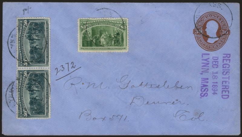 $3.00 Columbian (243).> Tied by light strike of circular datestamp, used with horizontal pair of <50c Columbian (240)> on registered 30c entire from Lynn Mass. to Denver Col., purple Registered Dec. 18, 1894,
Lynn, Mass. three-line handstamp, Very