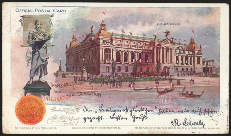 Trans-Mississippi Exposition Postal Cards.> Six used 1c Postal Cards (UX14), each showing different building at the exposition, various originations and destinations incl. two to Germany (one with additional 1c
stamp), some light wear, still Fine-Ver