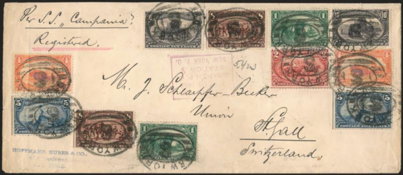 1c-10c Trans-Mississippi (285-290).> Three covers, incl. vertical pair of 1c tied by San Francisco machine cancel on multicolored Remember the Maine Patriotic to Oakland Cal, 5c used from Md. on illustrated
hotel advertising cover to Germany last
