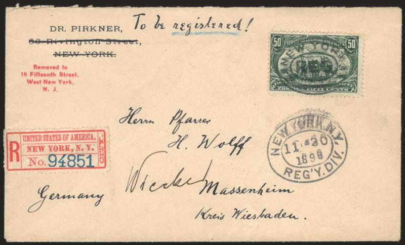 50c Trans-Mississippi (291).> Barely tied by bold and well-placed New York oval cancel on <registered cover to Germany,> New York N.Y. Regy Div. 11-30 1898 double oval datestamp and label, New York and German
backstamps, Fine, a particularly clean