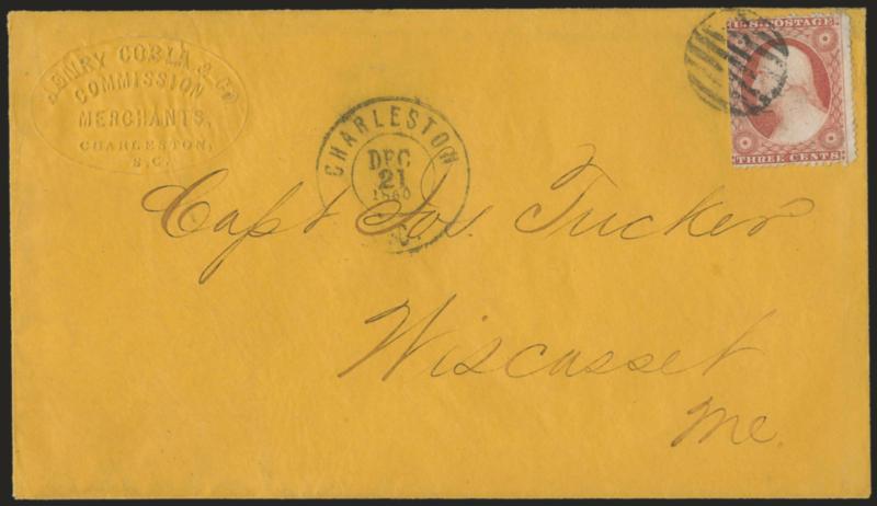 Charleston S.C. Dec. 21, 1860 -- First Day Postmark after Secession.> Clearly-struck double-circle datestamp with matching grid tying <3c Dull Red, Ty. III (26),> s.e. at left, on buff cover to Wiscasset Me.,
merchants embossed oval corner card, cov