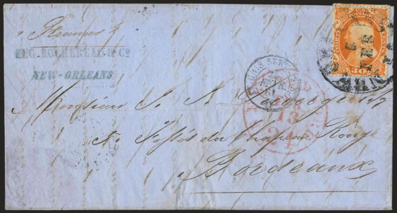 New Orleans La. 5 Feb. (1861).> Partly clear large circular datestamp ties <30c Orange (38),> beautiful vibrant color and choice centering, on blue folded cover (with part of letter) <to Bordeaux, France,>
Rochereau & Co.s blue senders handstamp, r