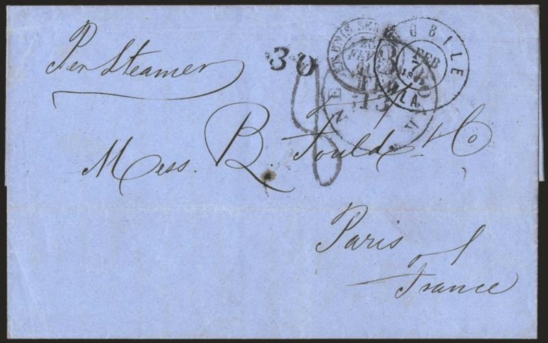 Mobile Ala. Feb. 7, 1861.> Double-circle datestamp and 30 rate handstamp on blue folded letter <to Paris, France,> New York 3 Feb. 13 debit datestamp, Et. Unis Serv. Br. A.C. A 25 Fevr. 61 French transit
datestamp and 8 decimes due handstamp,