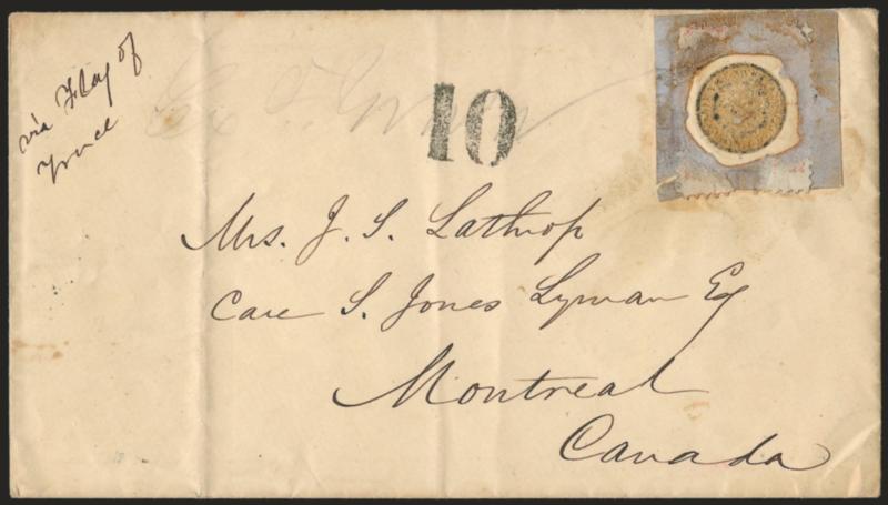 To Montreal, Canada.> Flag-of-truce inner envelope originating ca. 1863 in the C.S.A. and addressed to Mrs. J. S. Lathrop in <Montreal, Canada,> outer envelope paying C.S.A. postage discarded at exchange point,
<U.S. silver half-dime> originally affi