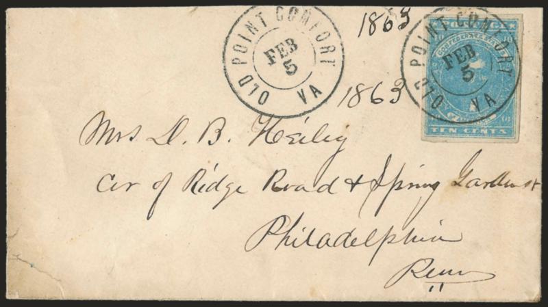 Old Point Comfort, Va.> Cover to Philadelphia Pa. with <10c Blue, Paterson (2),> four margins, tied solely by bold Old Point Comfort Va. Feb. 5 (1863) double-circle datestamp, repeated at left with manuscript
<<1863>> written twice, cover slightl