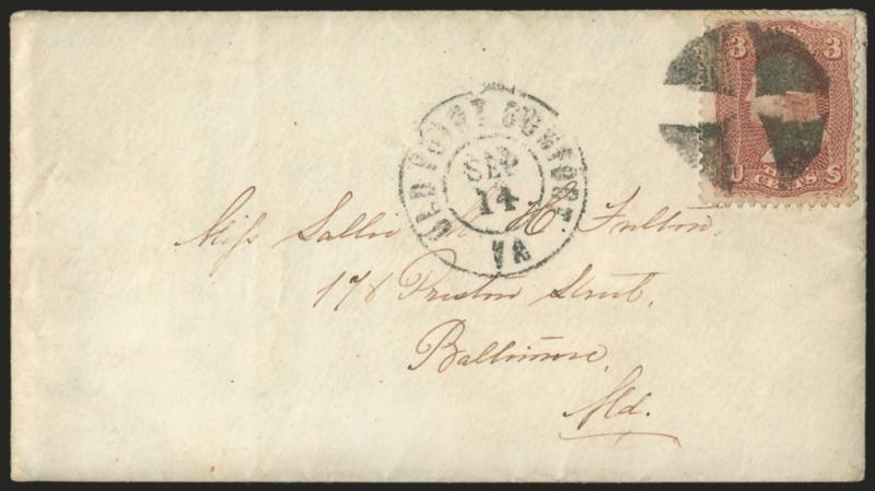 Old Point Comfort, Va.> Small civilian flag-of-truce inner cover, with enclosed letter datelined <<Pickalord?, August 29th 1864>> to Baltimore, outer cover with C.S.A. postage discarded, bearing 3c Rose (65),
tied by quartered cork (replaced bulls-