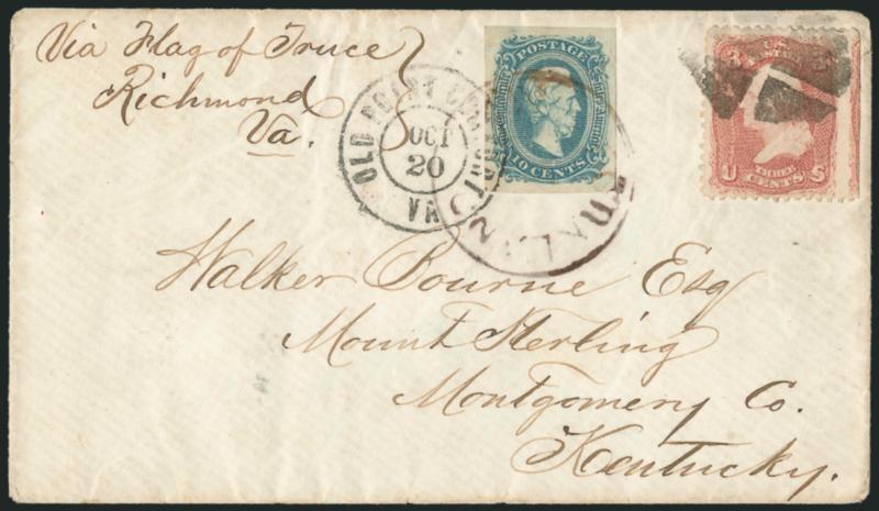 Forkland Ala.> Civilian flag-of-truce cover from Forkland to Mount Sterling Kentucky, endorsed <<Via Flag of Truce, Richmond Va.>> at top, mixed franking with <10c Blue, Die A (11),> large even margins and fine
impression, tied by Forkland Ala. b