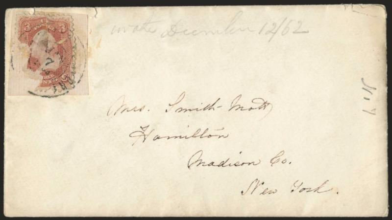 Greenwood S.C.> Two civilian flag-of-truce covers to Hamilton N.Y., both franked with 3c Rose (65) affixed over the spot where <pasted Trime silver coins> originated (both stamps defective from removal, coins no
longer present), first cover with or