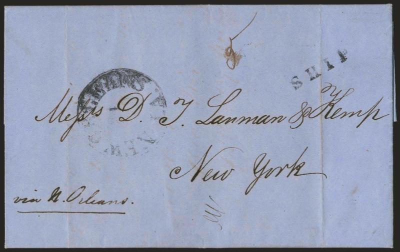 New Orleans La. Feb. (24, 1861).> Partly readable circular datestamp with well-struck Ship handstamp and manuscript 5 rate on incoming blue folded letter <from Belize, British Honduras,> to New York City, senders
routing <<via N. Orleans>> in