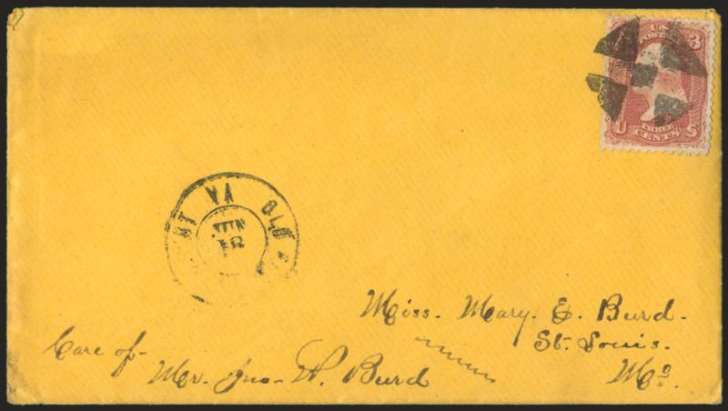 Richmond Va.> Flag-of-truce cover from the Capt. John J. Miller correspondence, sent from Richmond to St. Louis Mo., original enclosure datelined <<Richmond Va. May the 14th 1864>>, manuscript <<Care of Mr. Jno.
Burd>>, 3c Rose (65) with choice c