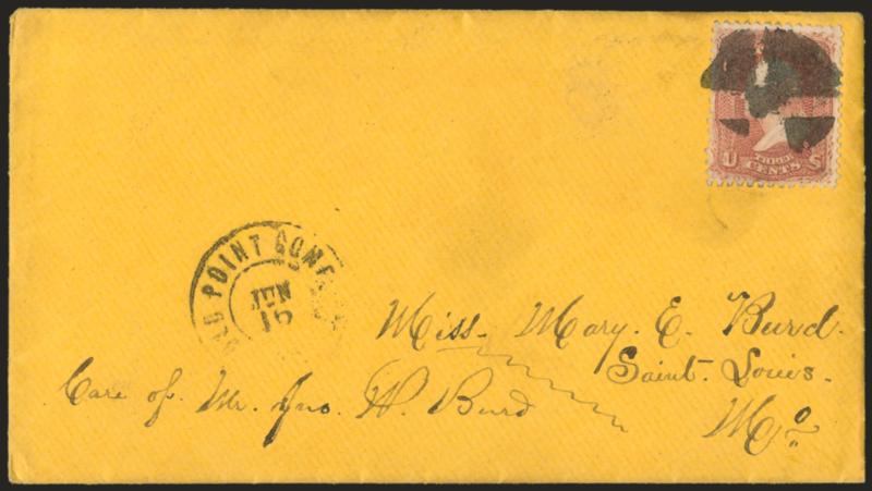 Richmond Va.> Flag-of-truce cover from the Capt. John J. Miller correspondence, sent from Richmond to St. Louis Mo., original enclosure datelined <<Richmond Va. June 5th 1864>>, manuscript <<Care of Mr. Jno. W.
Burd>>, 3c Rose (65) well-centered