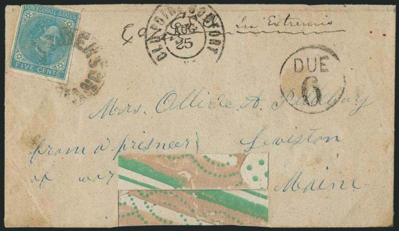 Andersonville Ga. (Camp Sumter).> Wallpaper cover to Lewiston Me. with <<Exd. H.W. In Extremis>> <examiners marking applied by Camp Commandant Capt. Henry Wirz> at top, endorsed <<from prisoner of war>>, <5c
Blue, Local Print on London Paper (7