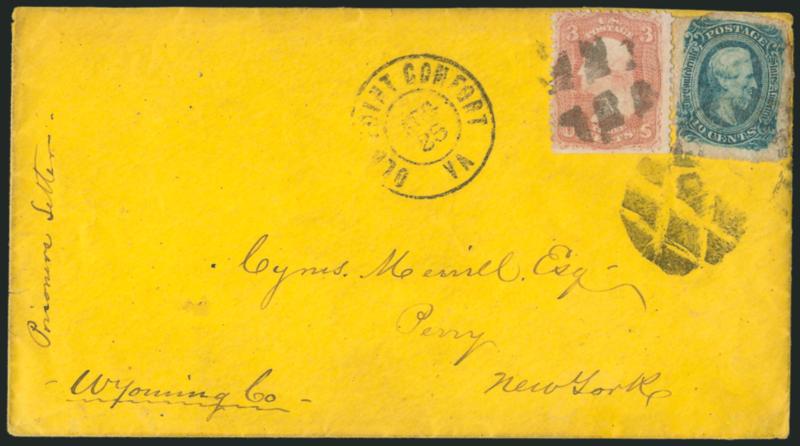Andersonville Ga. (Camp Sumter).> Cover from prisoner-of-war Pvt. J. W. Merrill to Perry N.Y., endorsed <<Prisoners Letter>>, no censor mark, mixed franking with C.S.A. postage to Richmond paid by <10c Blue, Die
B (12)>, edges a bit rough, tied by