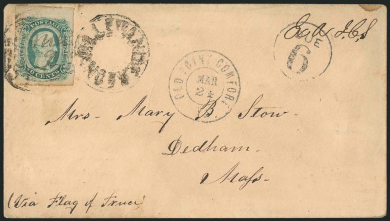 Andersonville Ga. (Camp Sumter).> Cover to Dedham Mass. with original letter datelined <<Confederate Prison Anderson Ga. March 6. 1864>>, endorsed <<(via flag of truce)>>, with <<Exd J.C.S.>> censor mark at top,
C.S.A. postage paid by <10c Blue
