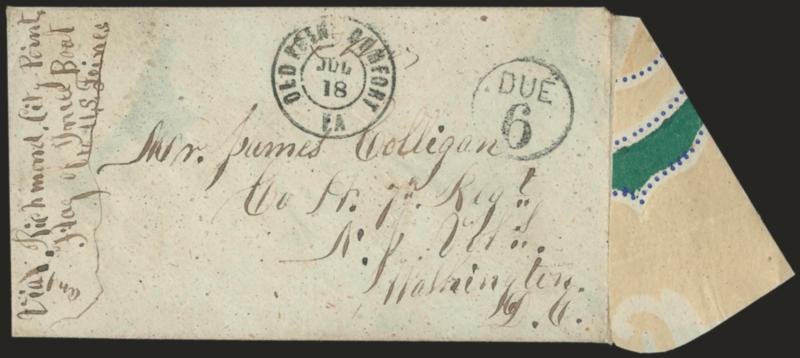 Andersonville Ga. (Camp Sumter).> Inner wallpaper cover from prisoner-of-war to Washington D.C., endorsed <<Via Richmond, City Point and Flag of Truce Boat to U.S. Lines,>> censored at top <<Ex H.W.>> by <Camp
Commandant Capt. Henry Wirz,> Old P