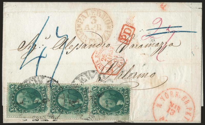 New Orleans La. 5 Mar. (1861).> Two readable strikes of large circular datestamp tie vertical strip of three <10c Green, Ty. V (35)> on folded cover to Alessandro Caramazza in <Palermo, Italy,> red N. York Br.
Pkt. Paid Mar. 13 transit datestamp (
