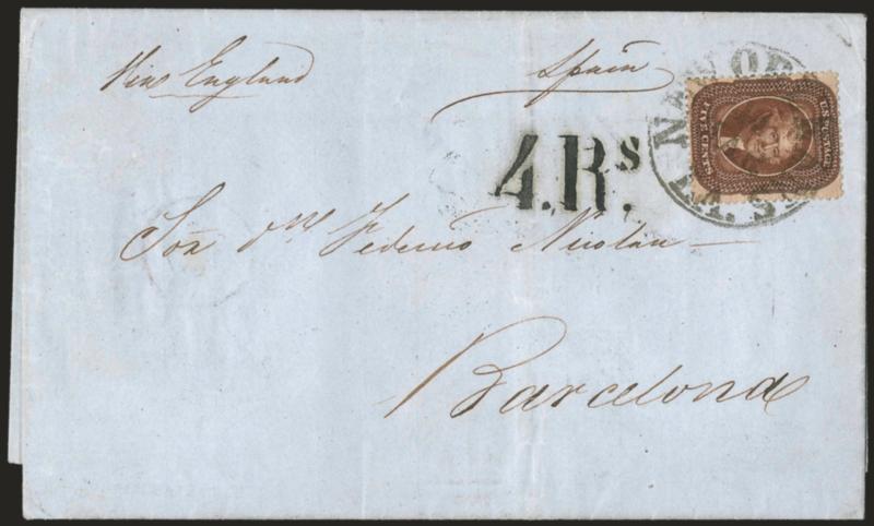 New Orleans La. 14 Mar. (1861).> Beautifully clear strike of large circular datestamp ties <5c Brown, Ty. II (30A),> deep rich color, choice centering, on light blue folded letter <to Barcelona, Spain,> bold 4Rs.
due handstamp, backstamped London (
