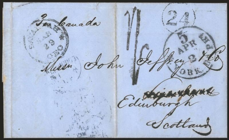 Savannah Ga. Mar. 29 (1861).> Mostly clear circular datestamp and 24 in circle handstamp on blue folded letter <to Edinburgh, Scotland,> sender crossed out another city name, senders ship designation <<Per
Canada,>> N. York Br. Pkt. 5 Apr. 2 d