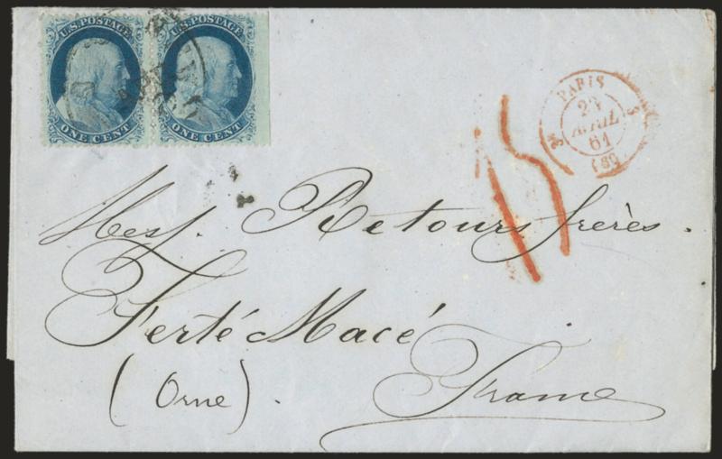 New Orleans La. Apr. 2 (1861).> Partly clear circular datestamp ties pair of <1c Blue, Ty. V (24),> straddle-pane margin at right, on folded Mar. 30 printed notice <to La Ferte Mace, France,> red Paris 23 Avril
61 French receiving datestamp, red 1