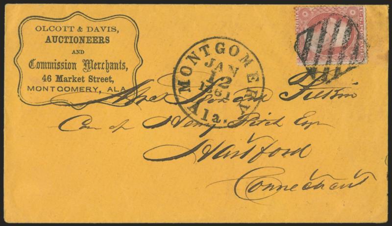Montgomery Ala. Jan. 12, 1861.> Beautiful bold strike of circular datestamp with unusual 5-bar framed grid tying <3c Dull Red, Ty. III (26)> on buff cover to Hartford Conn. with <Olcott & Davis, Auctioneers and
Commission Merchants framed corner ca
