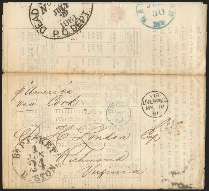 Liverpool MY 18 61.> Clearly struck circular datestamp and 19 Cents debit handstamp on folded printed market report with letter and additional printed market report enclosure, addressed to D. H. London in
Richmond Va., carried on the Cunarder <<Ame